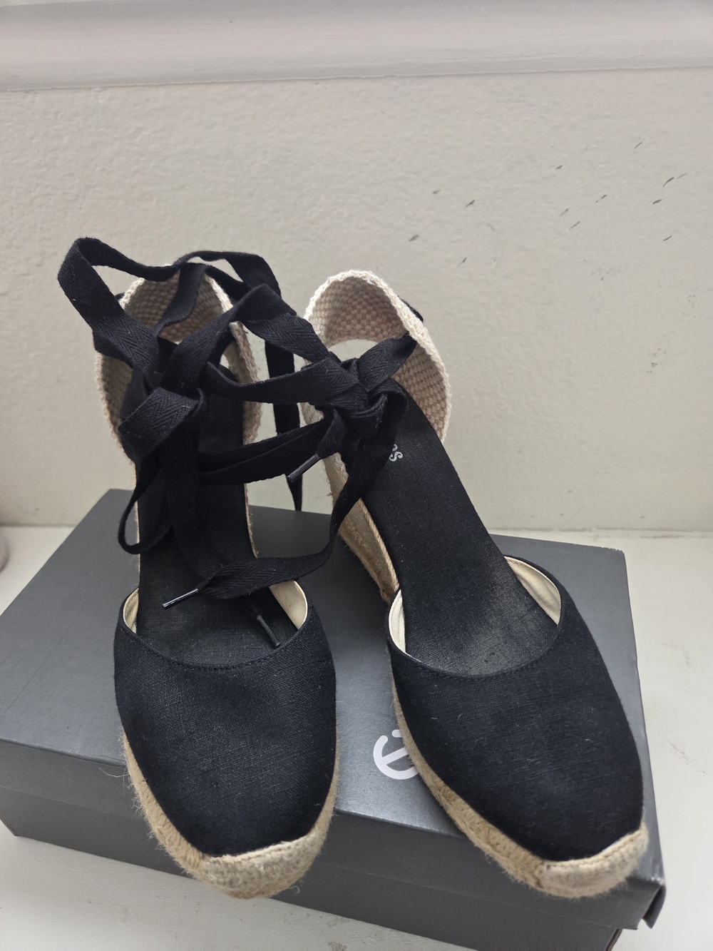 Saludos Black Lace-Up Espadrille Wedges for Women